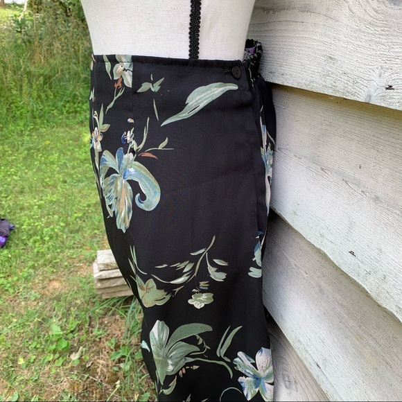 Vintage 90s Black Floral Print Elastic High Waist Sheer Ankle Length Midi Skirt - Picture 10 of 16